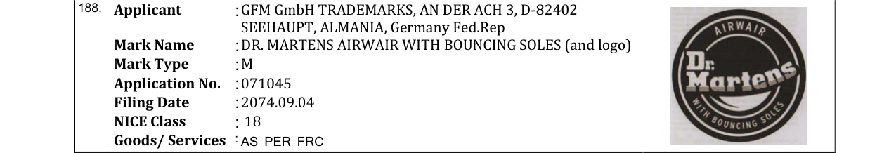 Original bulletin entry for DR. MARTENS AIRWAIR WITH BOUNCING SOLES (and logo)