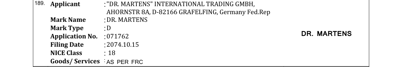 Original bulletin entry for DR. MARTENS