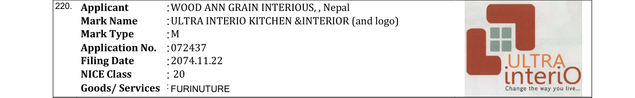 Original bulletin entry for ULTRA INTERIO KITCHEN &INTERIOR (and logo)