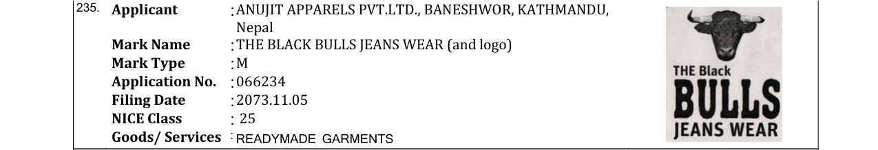 Original bulletin entry for THE BLACK BULLS JEANS WEAR (and logo)