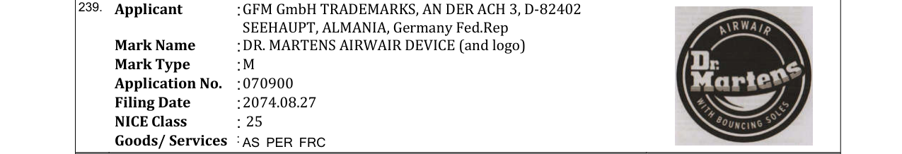 Original bulletin entry for DR. MARTENS AIRWAIR DEVICE (and logo)