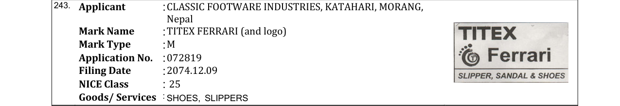 Original bulletin entry for TITEX FERRARI (and logo)