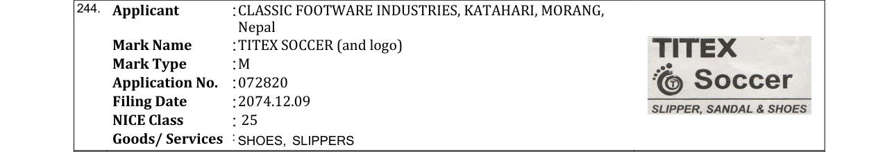 Original bulletin entry for TITEX SOCCER (and logo)
