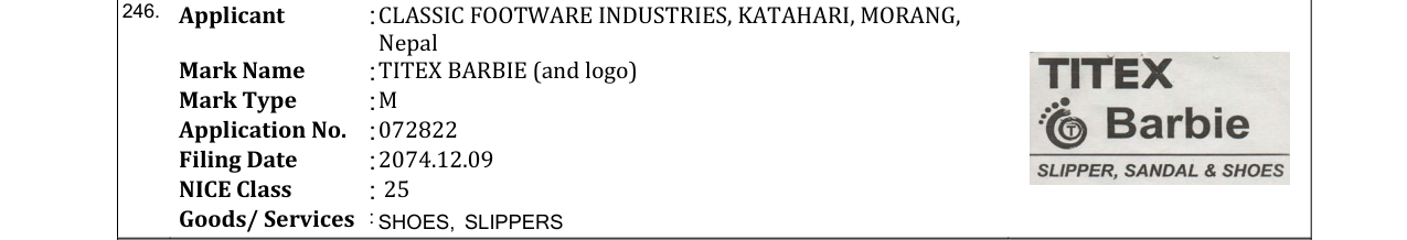 Original bulletin entry for TITEX BARBIE (and logo)