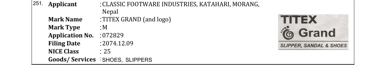 Original bulletin entry for TITEX GRAND (and logo)