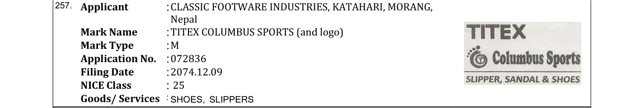 Original bulletin entry for TITEX COLUMBUS SPORTS (and logo)