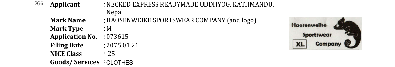 Original bulletin entry for HAOSENWEIKE SPORTSWEAR COMPANY (and logo)