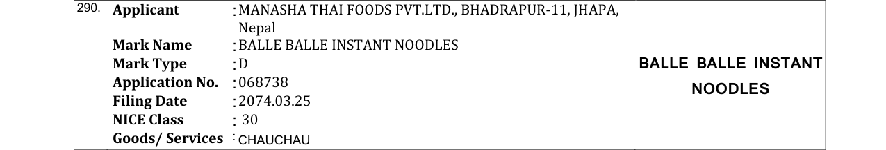 Original bulletin entry for BALLE BALLE INSTANT NOODLES