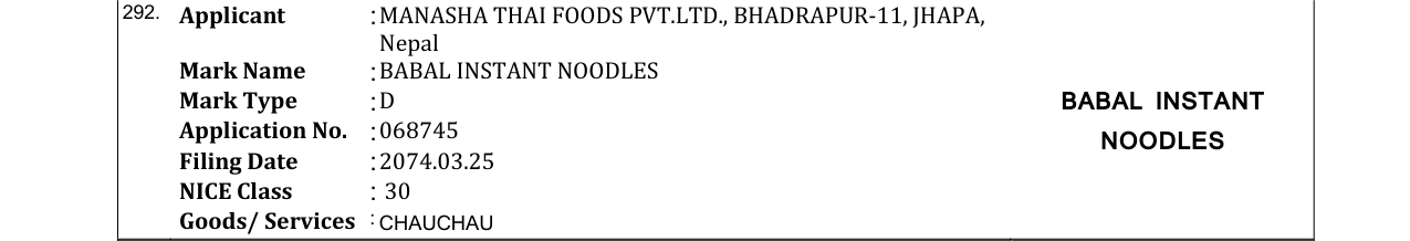 Original bulletin entry for BABAL INSTANT NOODLES
