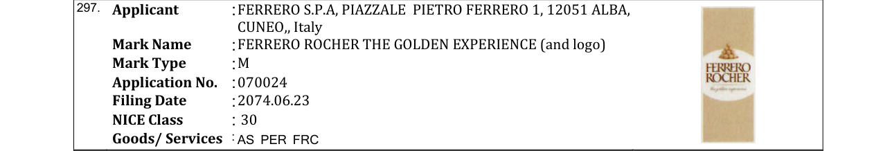 Original bulletin entry for FERRERO ROCHER THE GOLDEN EXPERIENCE (and logo)