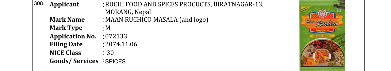 Original bulletin entry for MAAN RUCHICO MASALA (and logo)