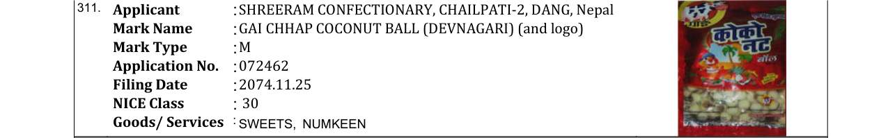 Original bulletin entry for GAI CHHAP COCONUT BALL (DEVNAGARI) (and logo)