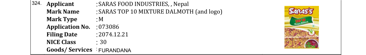 Original bulletin entry for SARAS TOP 10 MIXTURE DALMOTH (and logo)