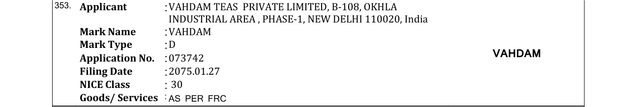 Original bulletin entry for VAHDAM