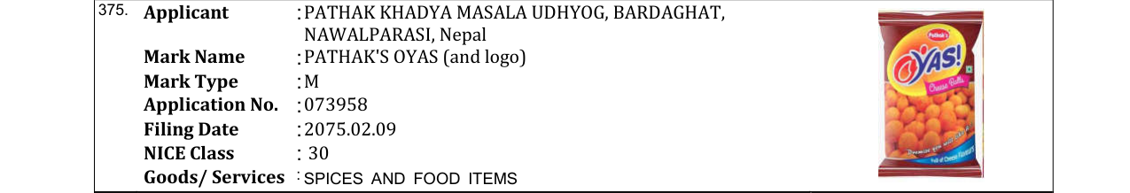 Original bulletin entry for PATHAK'S OYAS (and logo)