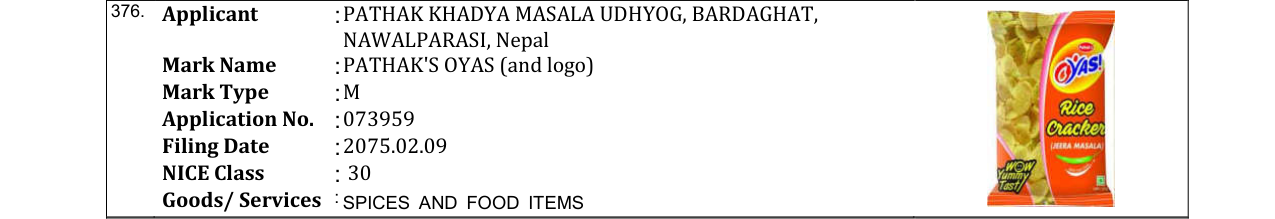 Original bulletin entry for PATHAK'S OYAS (and logo)