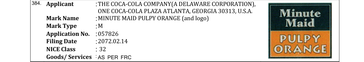 Original bulletin entry for MINUTE MAID PULPY ORANGE (and logo)