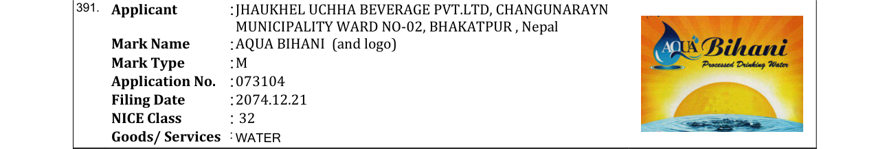 Original bulletin entry for AQUA BIHANI (and logo)