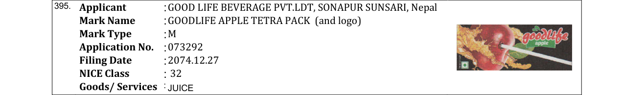Original bulletin entry for GOODLIFE APPLE TETRA PACK (and logo)