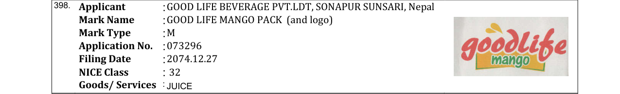 Original bulletin entry for GOOD LIFE MANGO PACK (and logo)