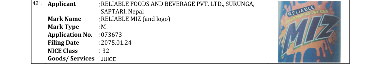 Original bulletin entry for RELIABLE MIZ (and logo)