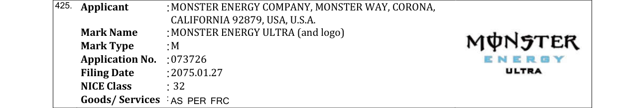 Original bulletin entry for MONSTER ENERGY ULTRA (and logo)