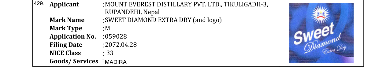 Original bulletin entry for SWEET DIAMOND EXTRA DRY (and logo)