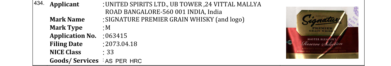 Original bulletin entry for SIGNATURE PREMIER GRAIN WHISKY (and logo)