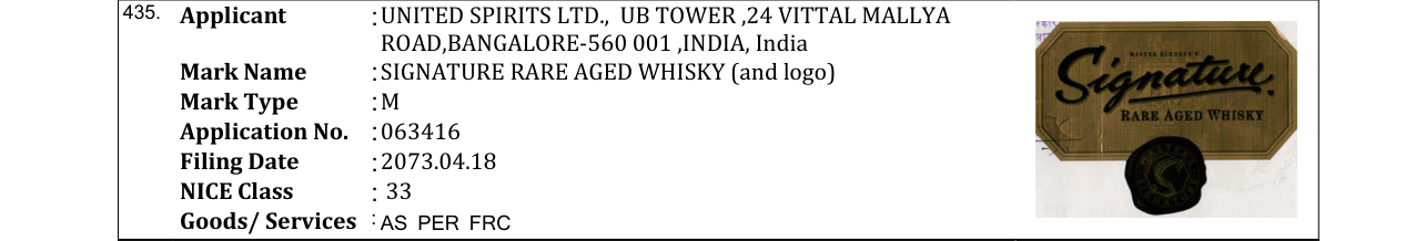 Original bulletin entry for SIGNATURE RARE AGED WHISKY (and logo)
