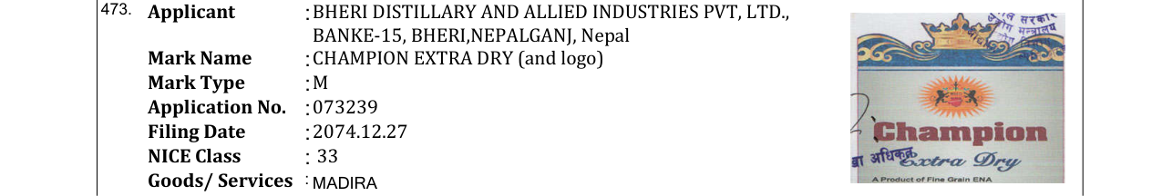 Original bulletin entry for CHAMPION EXTRA DRY (and logo)