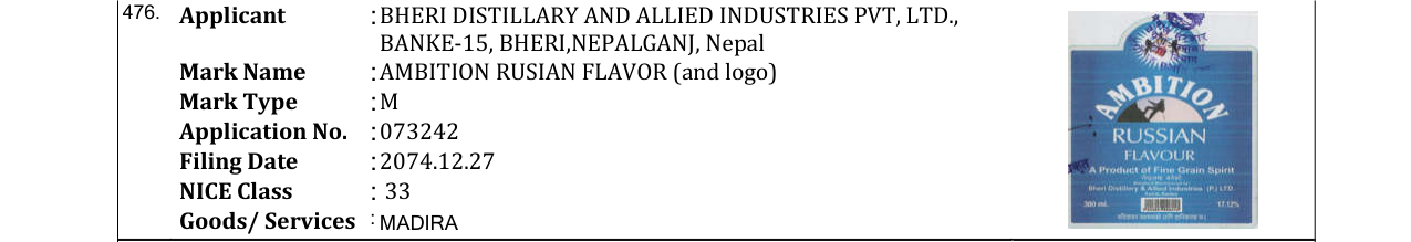 Original bulletin entry for AMBITION RUSIAN FLAVOR (and logo)