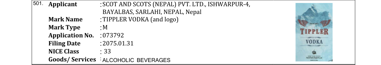 Original bulletin entry for TIPPLER VODKA (and logo)