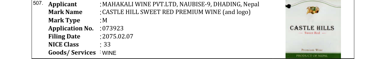 Original bulletin entry for CASTLE HILL SWEET RED PREMIUM WINE (and logo)