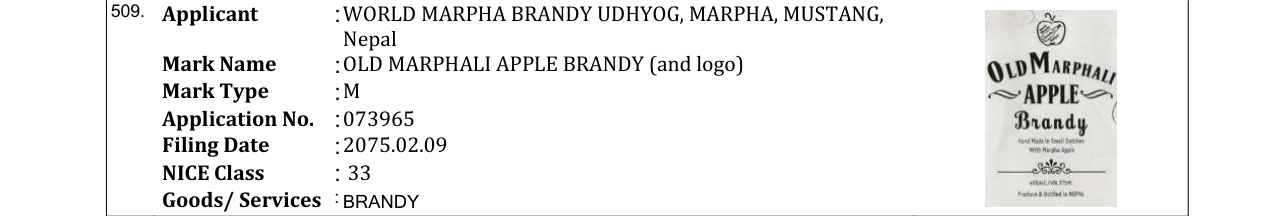 Original bulletin entry for OLD MARPHALI APPLE BRANDY (and logo)