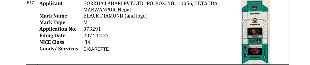 Original bulletin entry for BLACK DIAMOND (and logo)