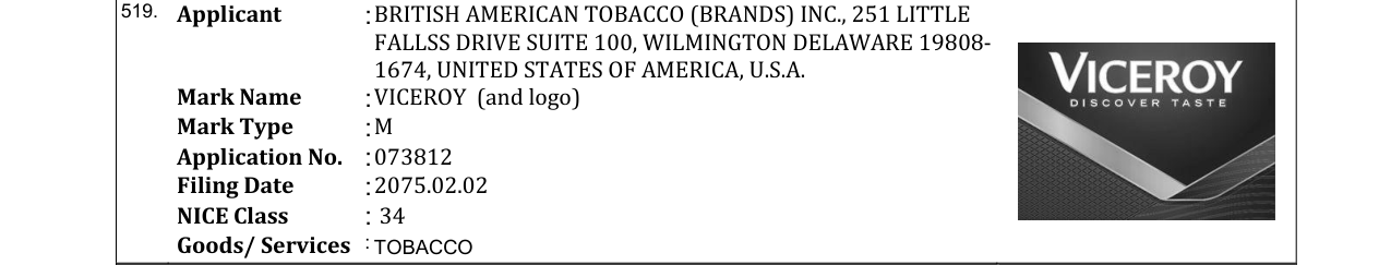 Original bulletin entry for VICEROY (and logo)