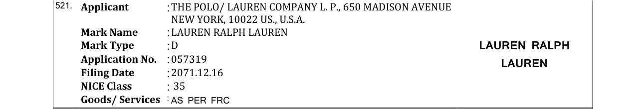 Original bulletin entry for LAUREN RALPH LAUREN