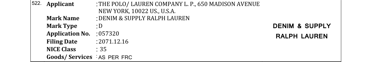 Original bulletin entry for DENIM & SUPPLY RALPH LAUREN