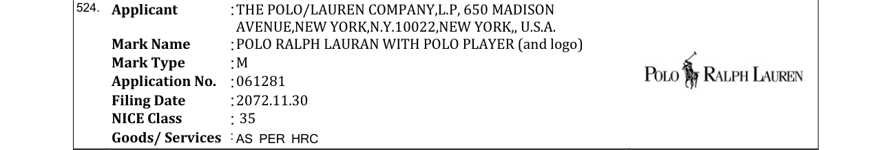 Original bulletin entry for POLO RALPH LAURAN WITH POLO PLAYER (and logo)