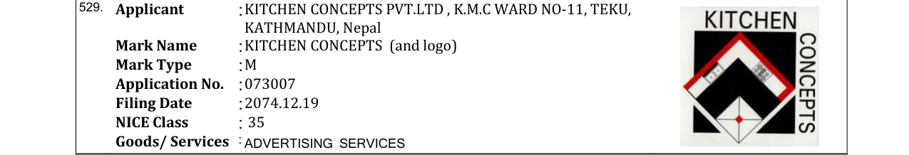 Original bulletin entry for KITCHEN CONCEPTS (and logo)