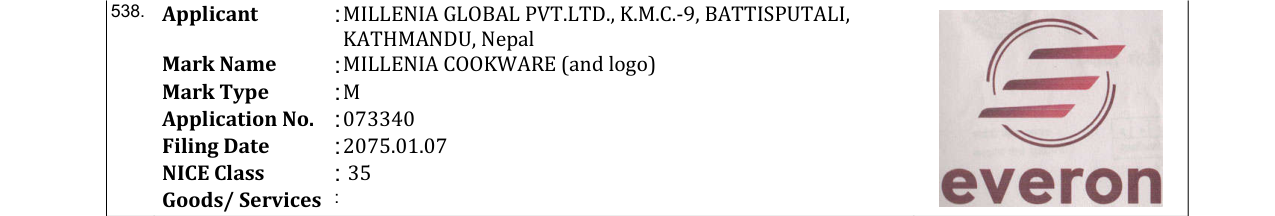 Original bulletin entry for MILLENIA COOKWARE (and logo)