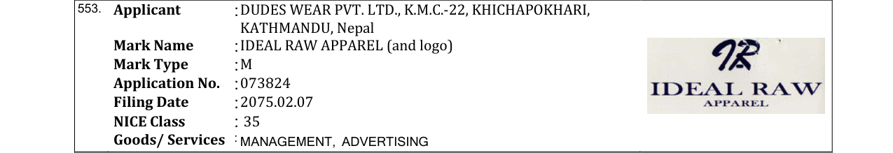 Original bulletin entry for IDEAL RAW APPAREL (and logo)