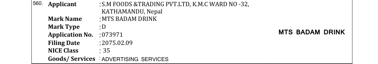 Original bulletin entry for MTS BADAM DRINK