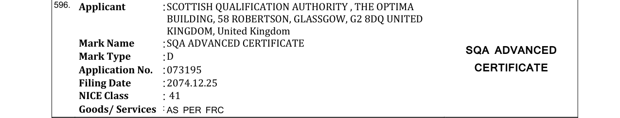 Original bulletin entry for SQA ADVANCED CERTIFICATE SQA ADVANCED
