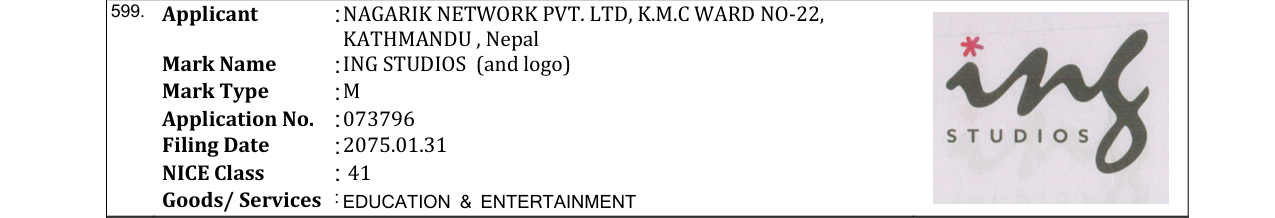 Original bulletin entry for ING STUDIOS (and logo)