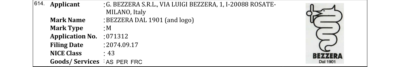 Original bulletin entry for BEZZERA DAL 1901 (and logo)