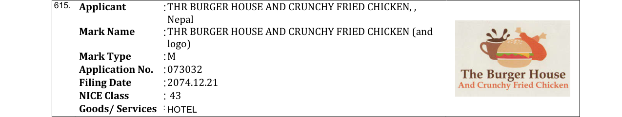 Original bulletin entry for THR BURGER HOUSE AND CRUNCHY FRIED CHICKEN (and logo)