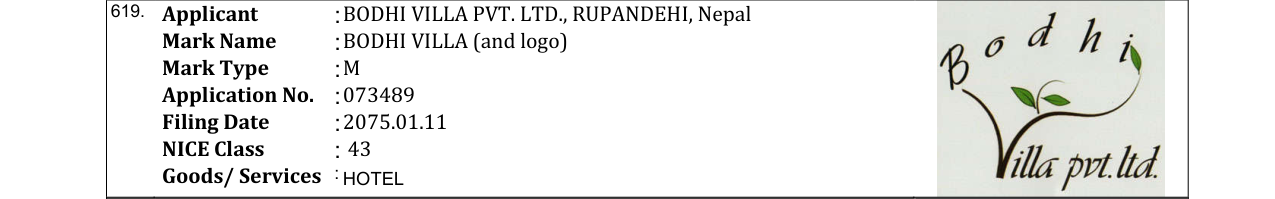 Original bulletin entry for BODHI VILLA (and logo)