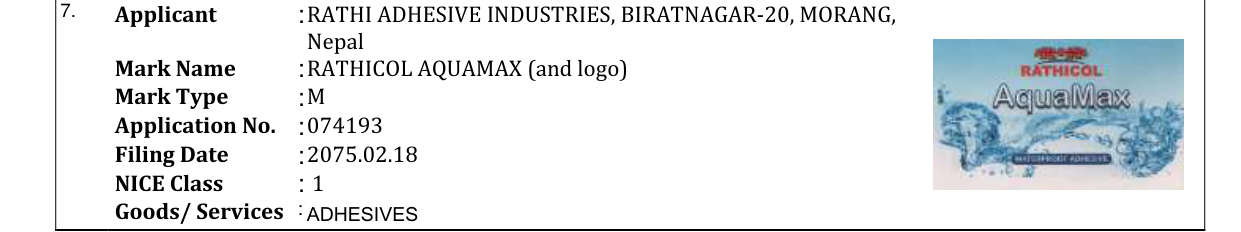 Original bulletin entry for RATHICOL AQUAMAX (and logo)