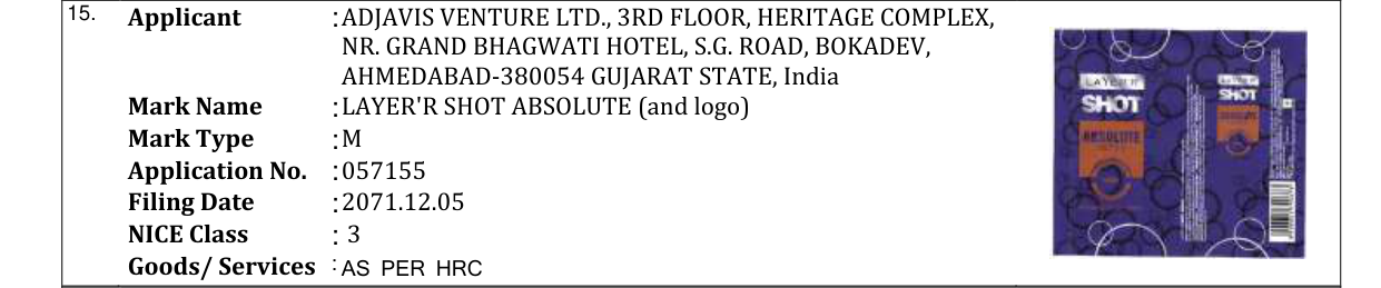 Original bulletin entry for LAYER'R SHOT ABSOLUTE (and logo)